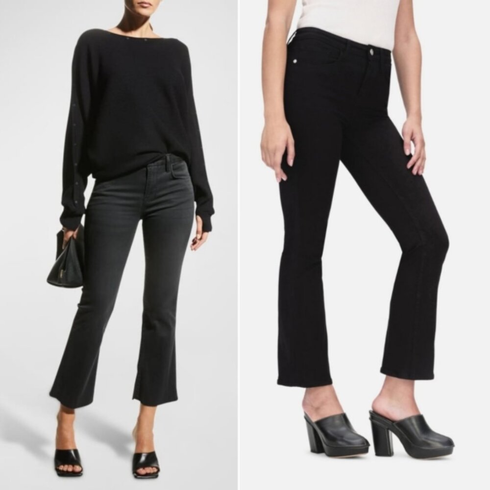 FRAME $225 Le Crop Mini Boot Jeans in Film Noir Black size 28 Stretch Flared